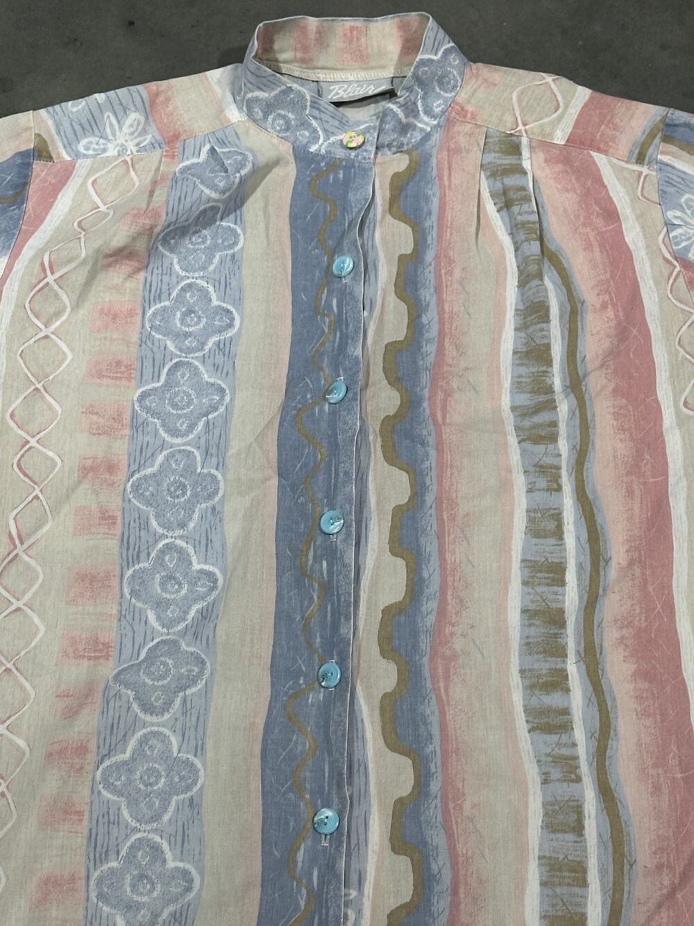 1980s Yacht Rock Boho Pastel Floral Striped Short Sleeve Blouse Shirt by Blair
